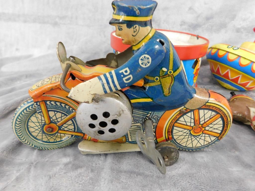 Group of 4 Litho Tin Toys - As Is - Untested - Drum - Hanging Monkey - Top - 5