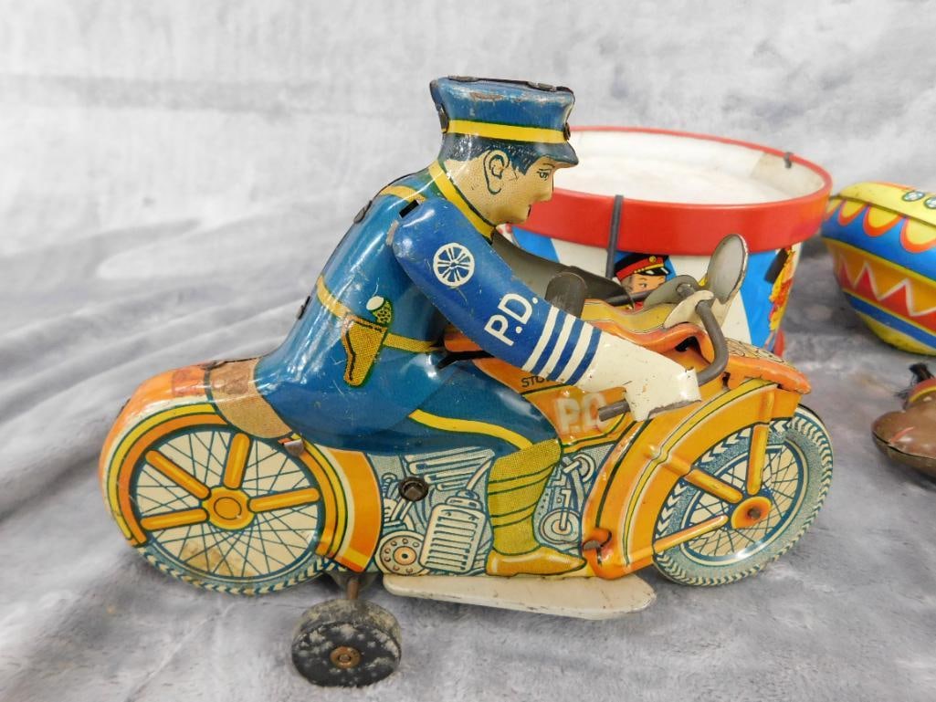 Group of 4 Litho Tin Toys - As Is - Untested - Drum - Hanging Monkey - Top - 6