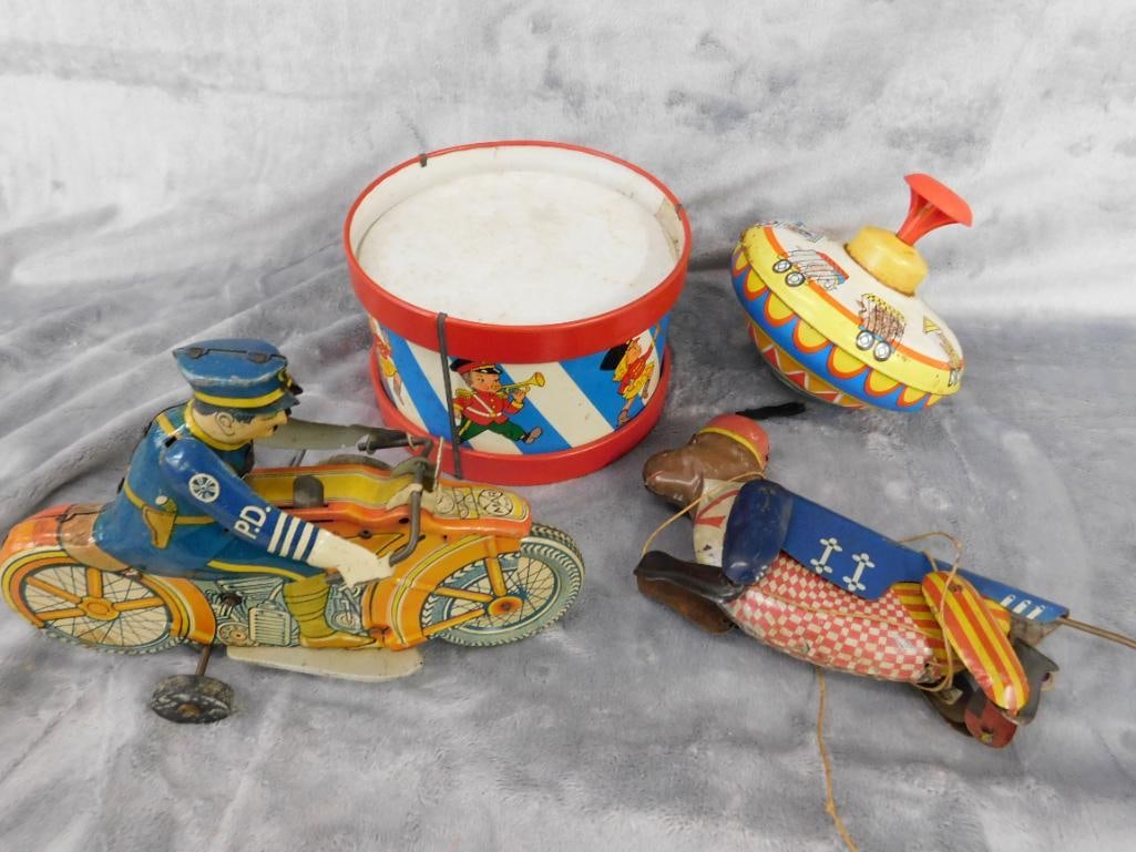 Group of 4 Litho Tin Toys - As Is - Untested - Drum - Hanging Monkey - Top - 8