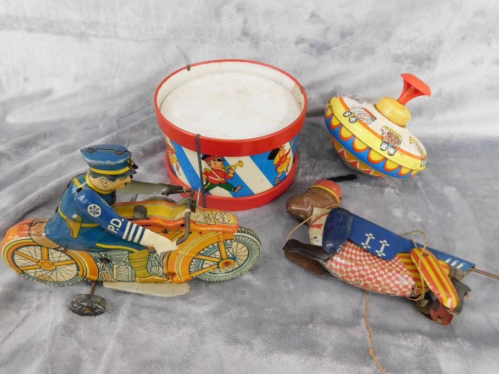 Group of 4 Litho Tin Toys - As Is - Untested - Drum - Hanging Monkey - Top - 9