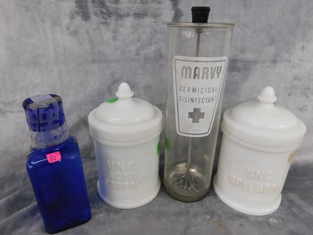 2 Milk Glass Apothecary Bottles with Lids - Cobalt Bottle with Dose Cup - 10