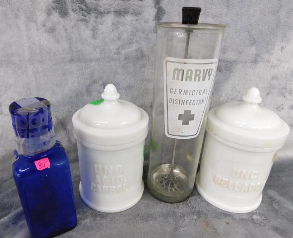 2 Milk Glass Apothecary Bottles with Lids - Cobalt Bottle with Dose Cup: Marvy Germicidal Disinfectant Comb Jar - See Photos For Condition and Details