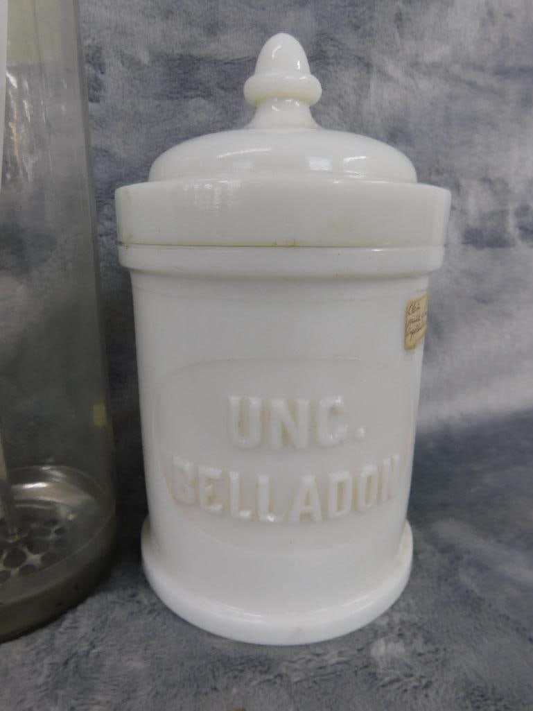 2 Milk Glass Apothecary Bottles with Lids - Cobalt Bottle with Dose Cup - 2