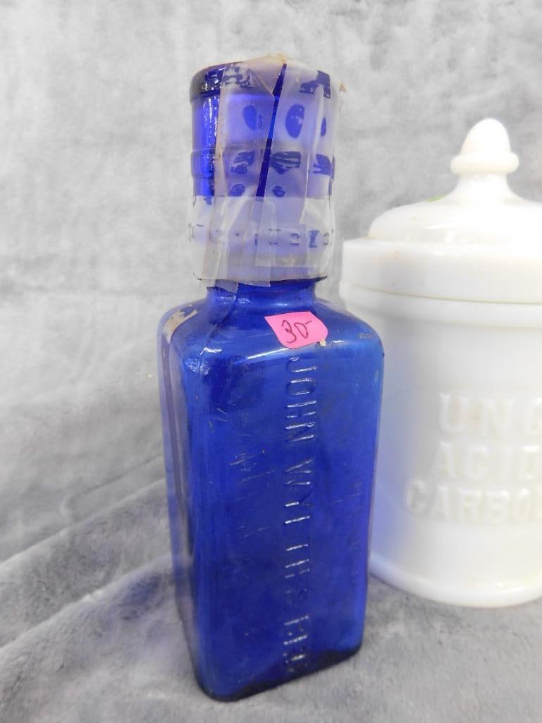 2 Milk Glass Apothecary Bottles with Lids - Cobalt Bottle with Dose Cup - 4