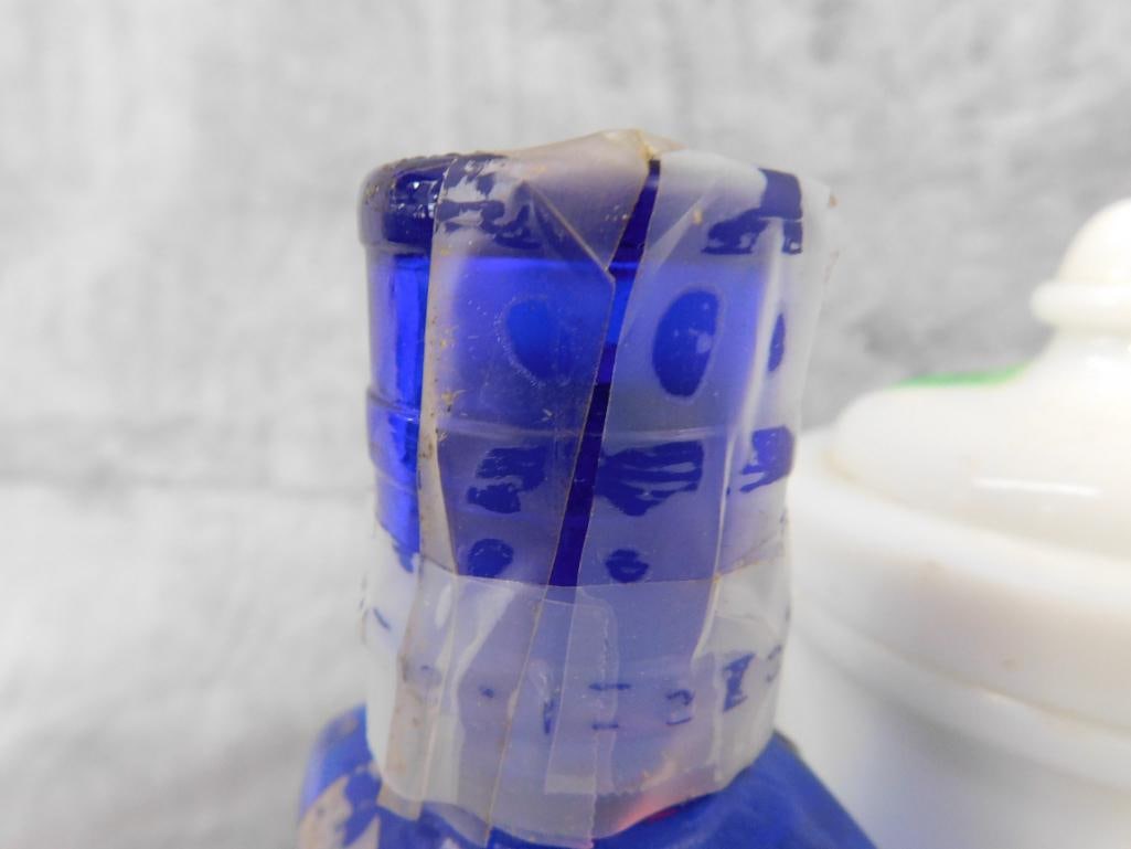 2 Milk Glass Apothecary Bottles with Lids - Cobalt Bottle with Dose Cup - 5