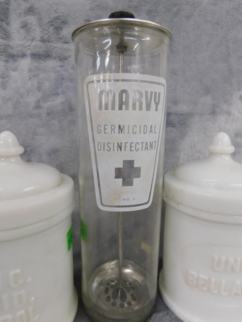 2 Milk Glass Apothecary Bottles with Lids - Cobalt Bottle with Dose Cup - 6
