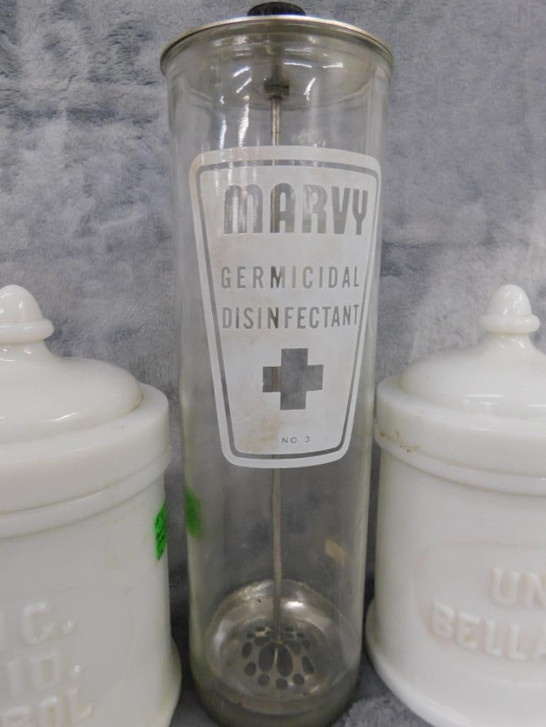 2 Milk Glass Apothecary Bottles with Lids - Cobalt Bottle with Dose Cup - 7