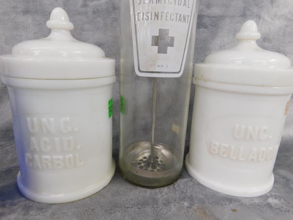 2 Milk Glass Apothecary Bottles with Lids - Cobalt Bottle with Dose Cup - 8