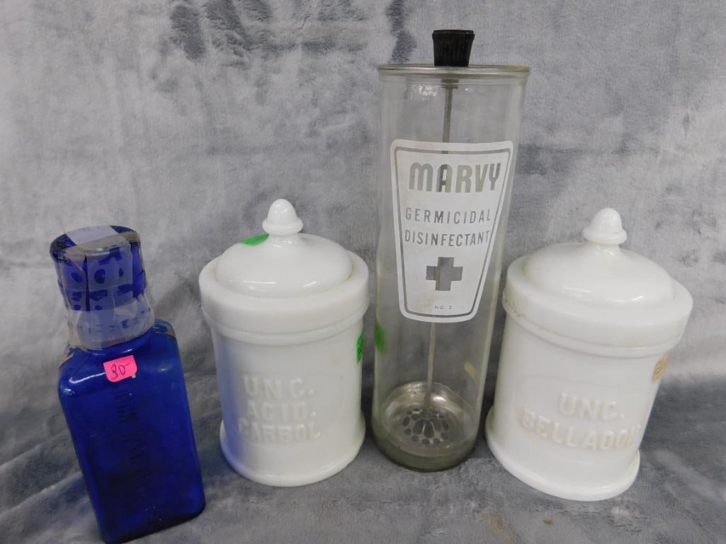 2 Milk Glass Apothecary Bottles with Lids - Cobalt Bottle with Dose Cup - 9