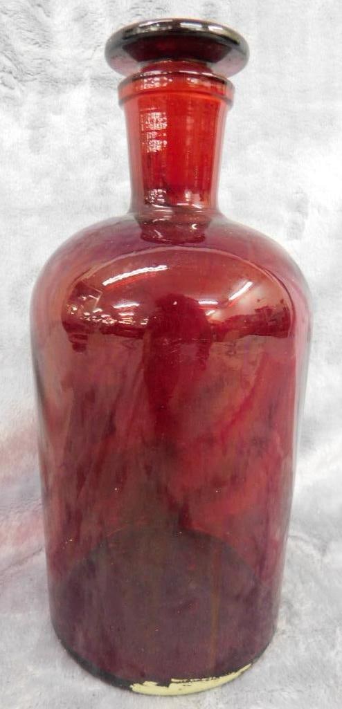 Red Pyrex Apothecary Bottle with Stopper - 9.25" x 4.5": The Stopper Is Stuck For Now - See Photos For Condition and Details