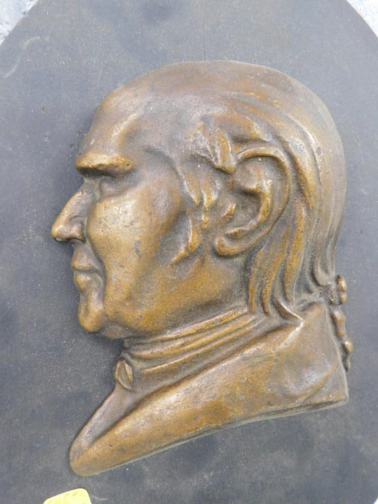 Vintage Bronze Bust Mounted On Oval Wood Backing - 12" x 9.5" - 2