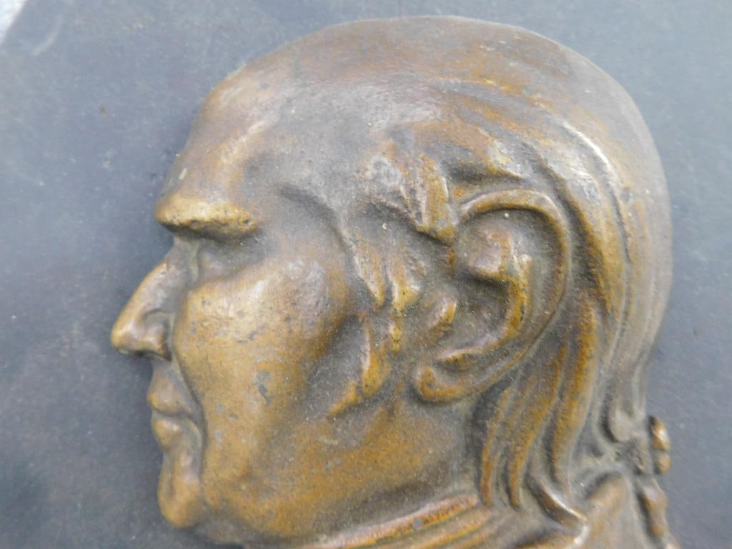 Vintage Bronze Bust Mounted On Oval Wood Backing - 12" x 9.5" - 3