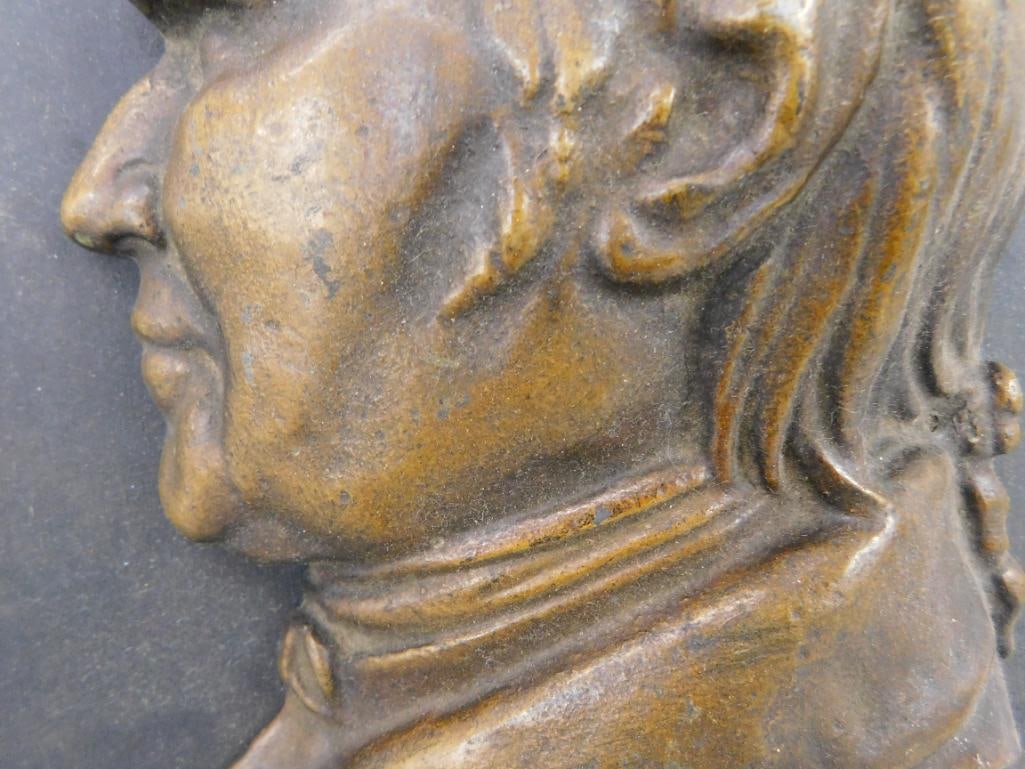 Vintage Bronze Bust Mounted On Oval Wood Backing - 12" x 9.5" - 4