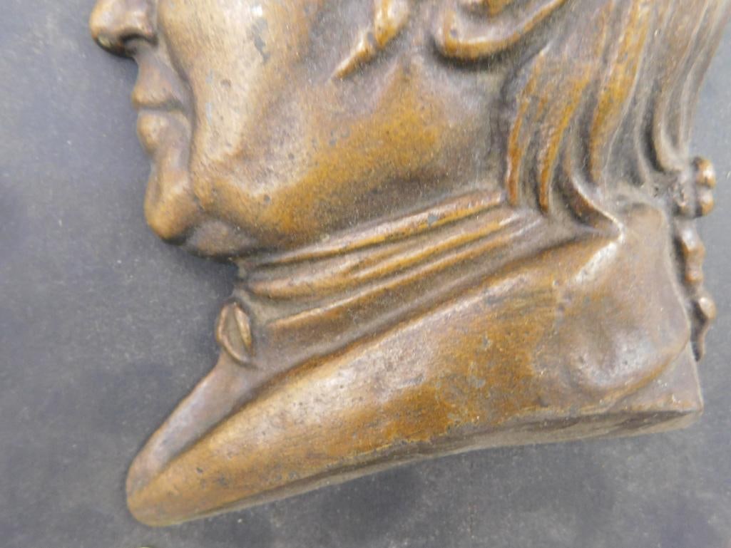 Vintage Bronze Bust Mounted On Oval Wood Backing - 12" x 9.5" - 5