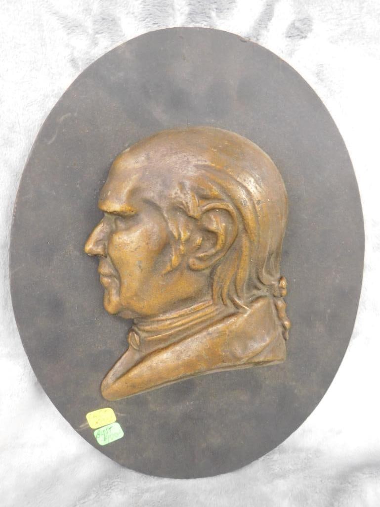 Vintage Bronze Bust Mounted On Oval Wood Backing - 12" x 9.5" - 8