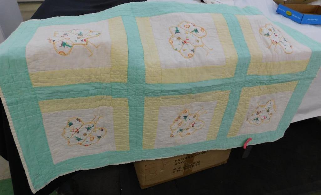 Hand Sewn Childs Quilt - Has a Couple Small Tears - 51" x 35": See Photos For Condition and Details