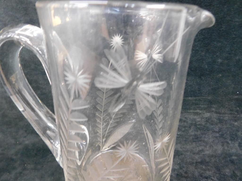 Vintage Etched Pitcher - Butterflies and Flowers - 9" x 7.5" x 5" - 2
