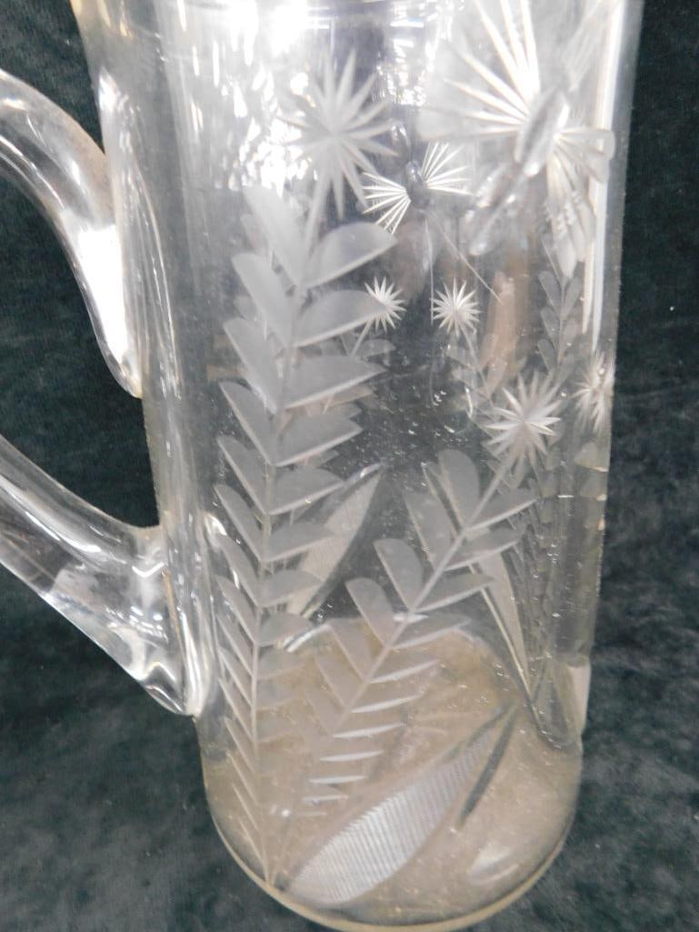 Vintage Etched Pitcher - Butterflies and Flowers - 9" x 7.5" x 5" - 3