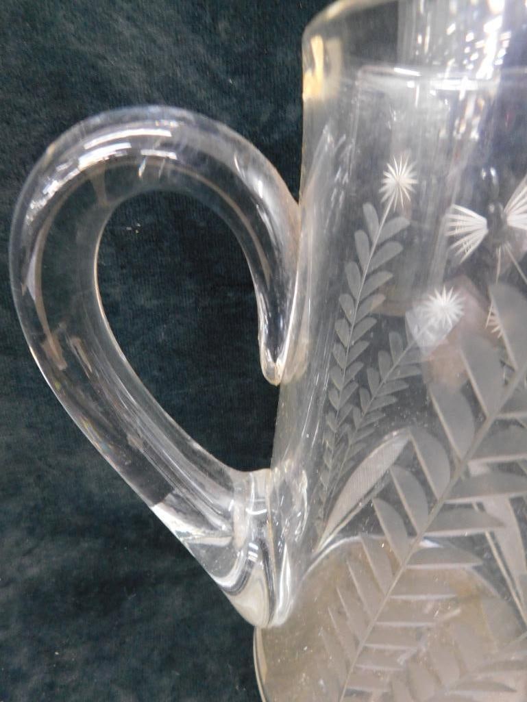 Vintage Etched Pitcher - Butterflies and Flowers - 9" x 7.5" x 5" - 4