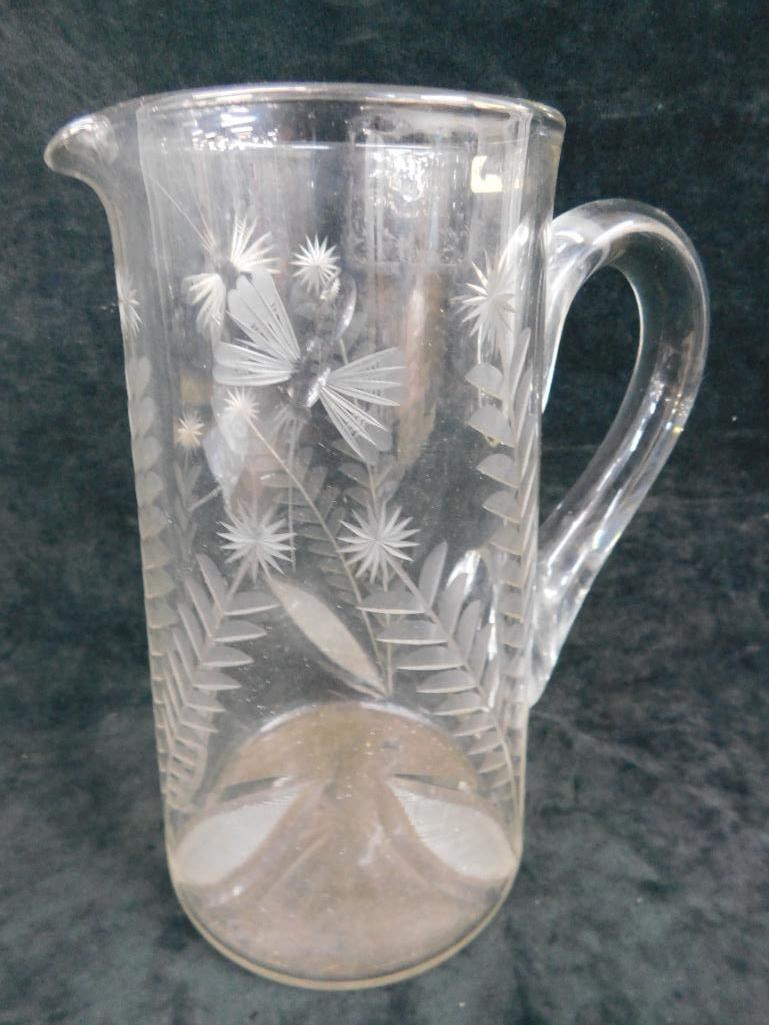 Vintage Etched Pitcher - Butterflies and Flowers - 9" x 7.5" x 5" - 5