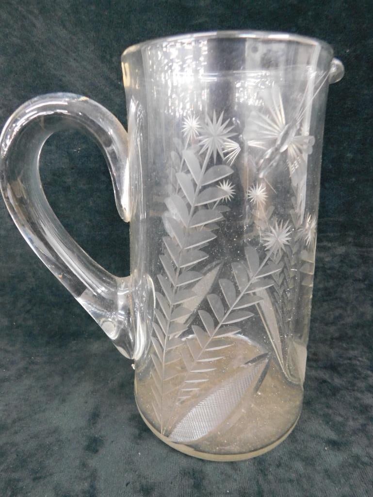 Vintage Etched Pitcher - Butterflies and Flowers - 9" x 7.5" x 5" - 7