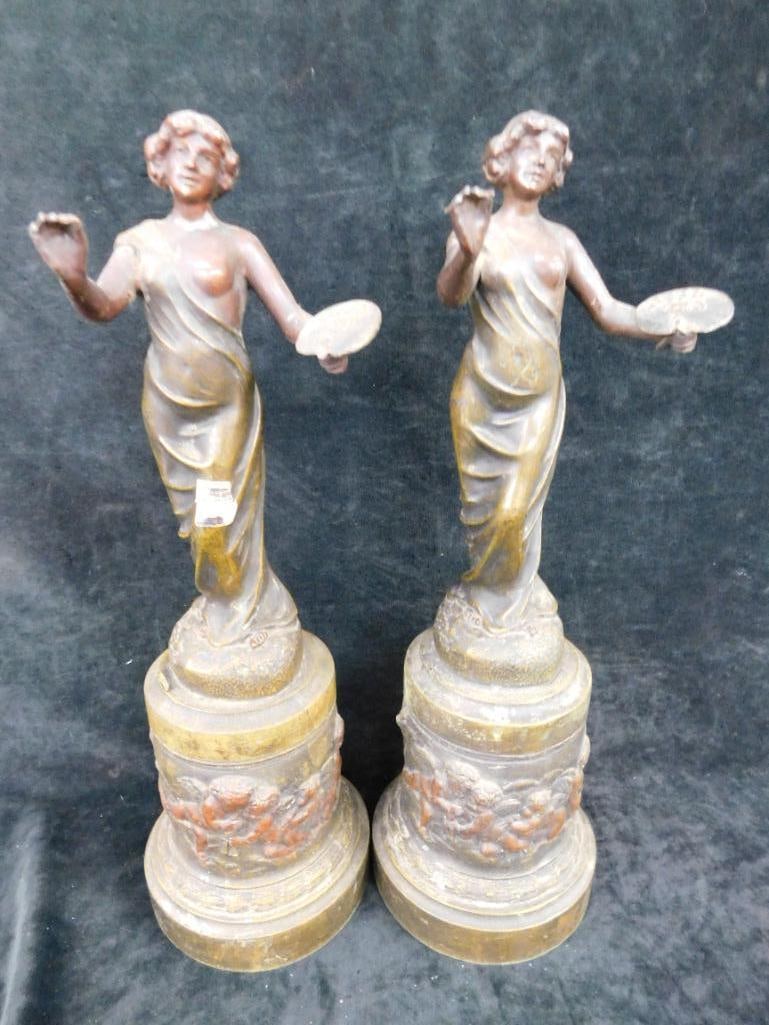 Pair of Matching White Metal Art Nouveau Statues - 1 Has Hole in Base - 13