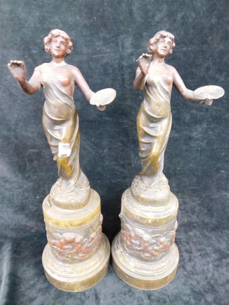 Pair of Matching White Metal Art Nouveau Statues - 1 Has Hole in Base - 14