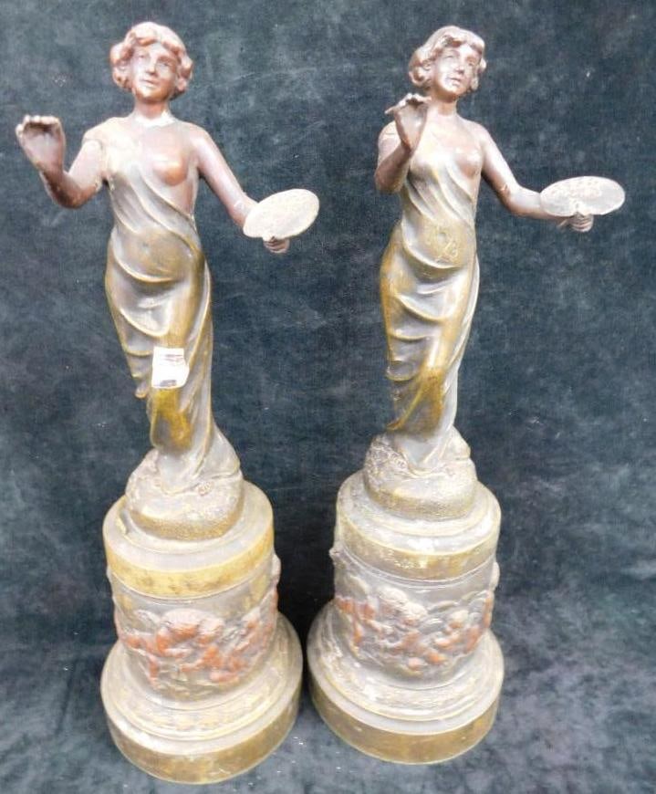 Pair of Matching White Metal Art Nouveau Statues - 1 Has Hole in Base: 16.5" x 5.5" - See Photos For Condition and Details