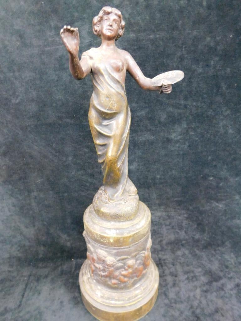 Pair of Matching White Metal Art Nouveau Statues - 1 Has Hole in Base - 8