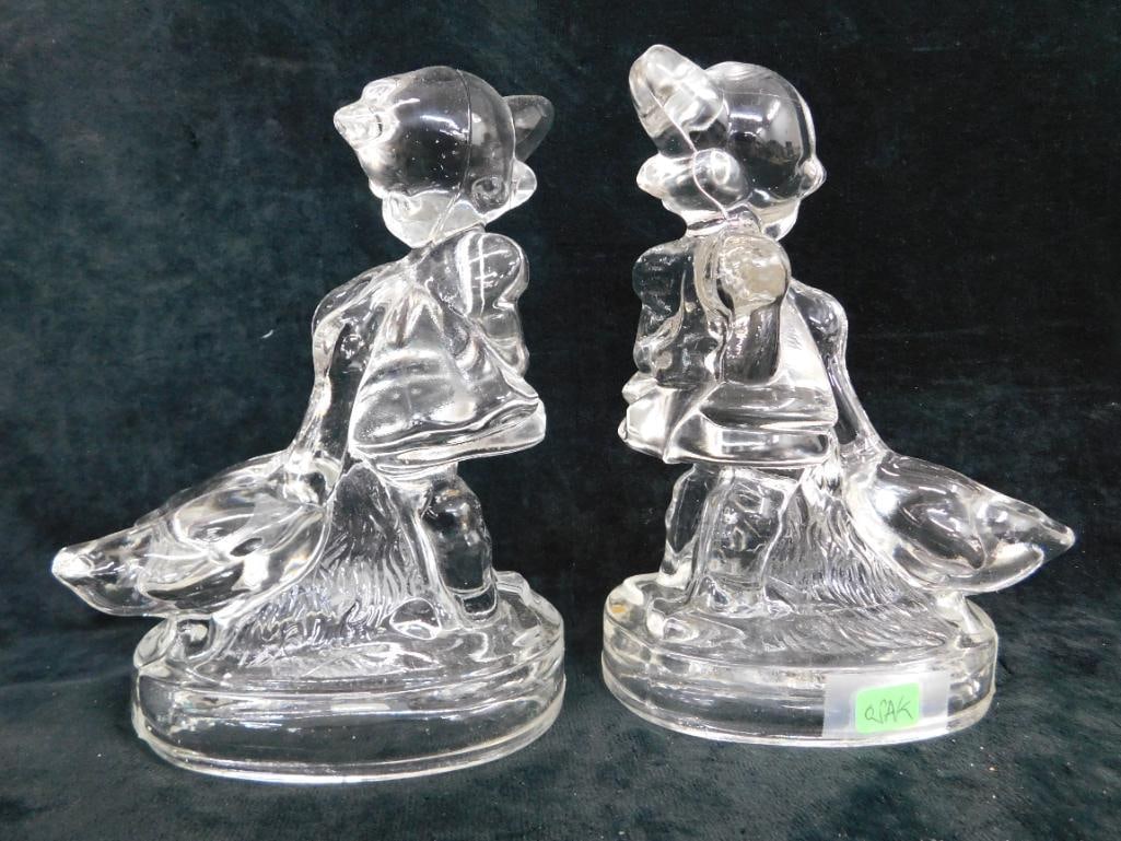 Pair of "Girl with Geese" Glass Bookends - Each 7.5" x 5.5" x 3.5" - 11