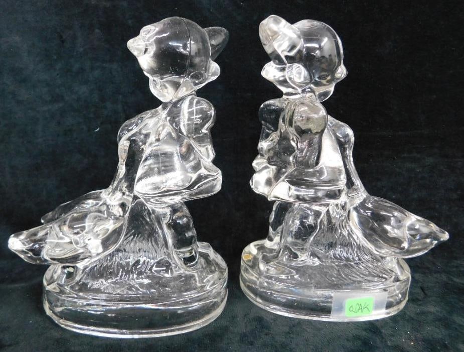 Pair of "Girl with Geese" Glass Bookends - Each 7.5" x 5.5" x 3.5": See Photos For Condition and Details