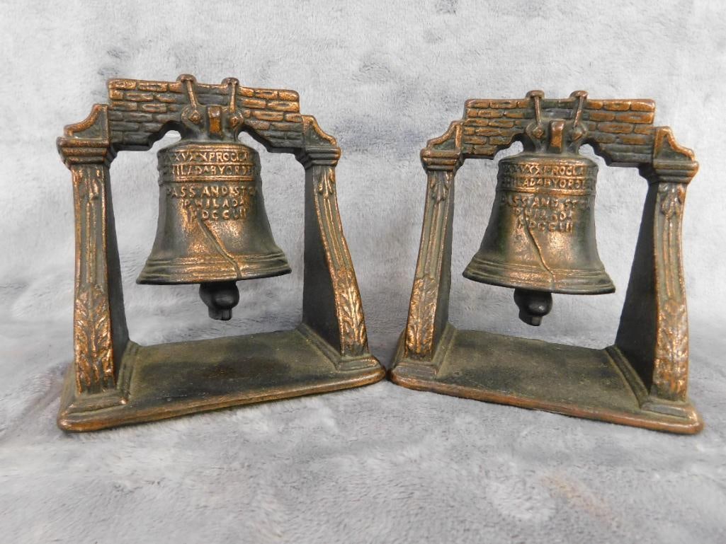 Pair of Vintage Cast Iron "Liberty Bell" Bookends - 4.5" x 4.75" x 2" - 8