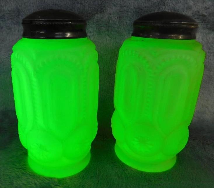 Pair of Vaseline / Uranium Glass Salt And Pepper Shakers - Rare - Stars and Moon: See Photos For Condition and Details