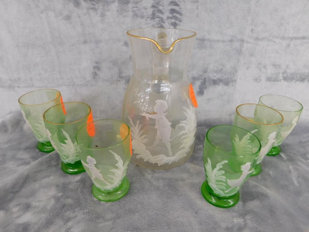 Vintage Mary Gregory Pitcher with 6 Glasses - Glasses Are Uranium / Vaseline Glass - 10