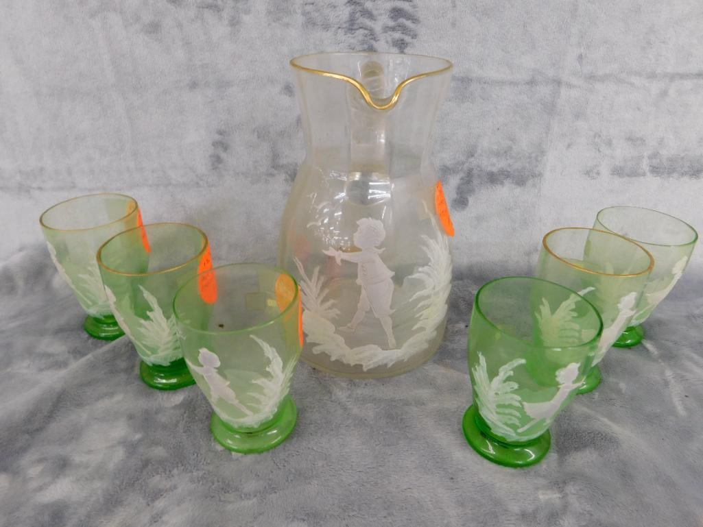 Vintage Mary Gregory Pitcher with 6 Glasses - Glasses Are Uranium / Vaseline Glass - 11