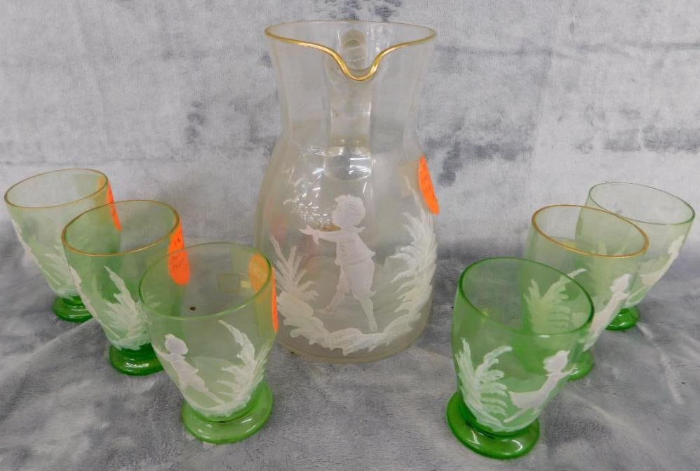 Vintage Mary Gregory Pitcher with 6 Glasses - Glasses Are Uranium / Vaseline Glass: See Photos For Condition and Details