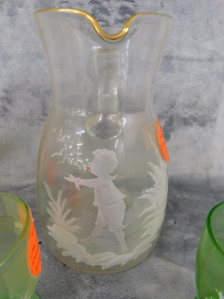 Vintage Mary Gregory Pitcher with 6 Glasses - Glasses Are Uranium / Vaseline Glass - 2