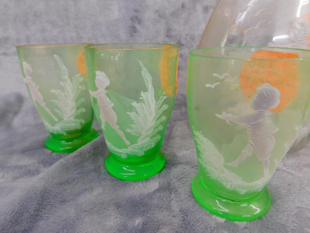 Vintage Mary Gregory Pitcher with 6 Glasses - Glasses Are Uranium / Vaseline Glass - 4
