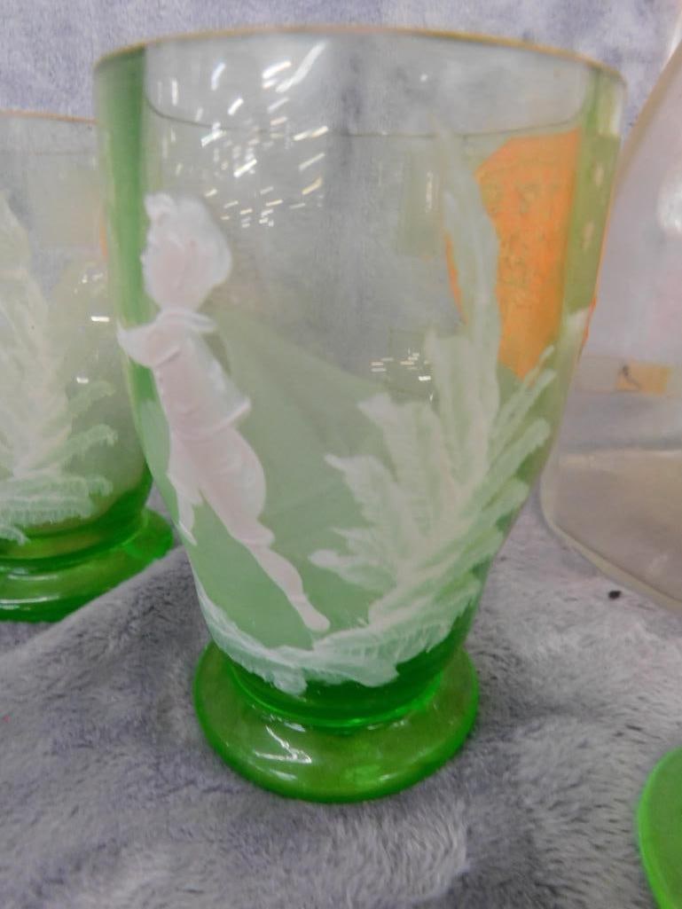 Vintage Mary Gregory Pitcher with 6 Glasses - Glasses Are Uranium / Vaseline Glass - 5