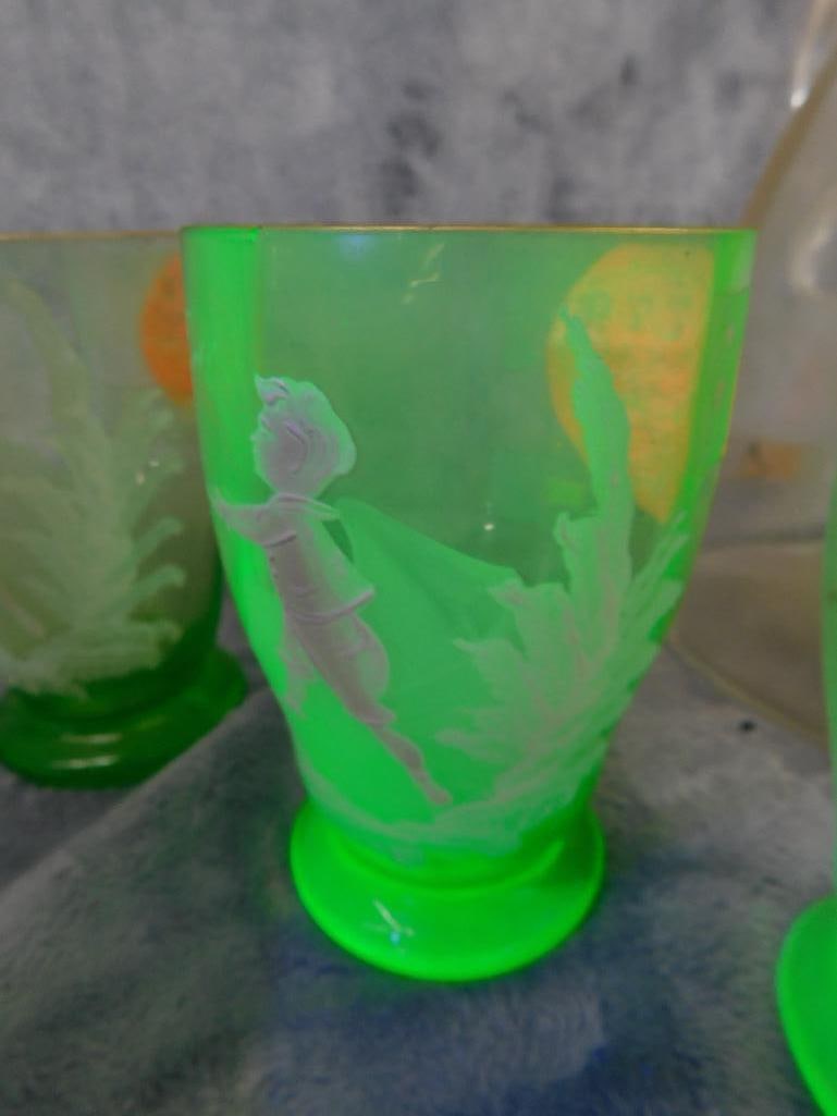 Vintage Mary Gregory Pitcher with 6 Glasses - Glasses Are Uranium / Vaseline Glass - 6