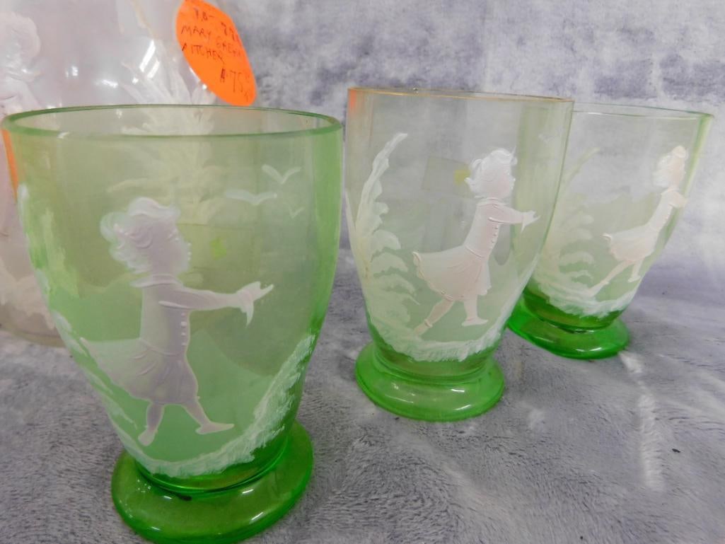 Vintage Mary Gregory Pitcher with 6 Glasses - Glasses Are Uranium / Vaseline Glass - 7