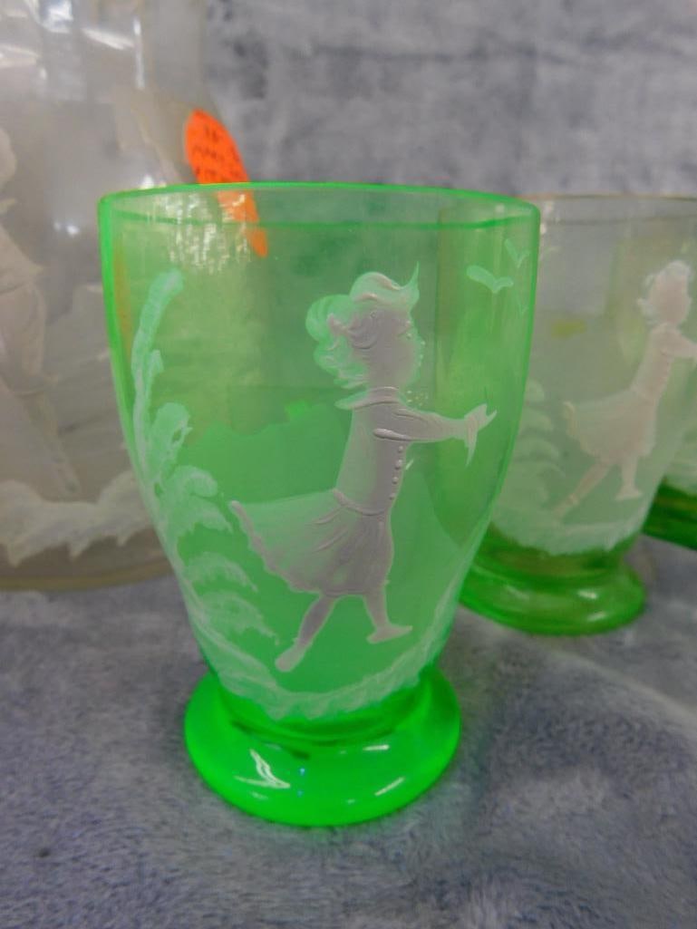 Vintage Mary Gregory Pitcher with 6 Glasses - Glasses Are Uranium / Vaseline Glass - 8