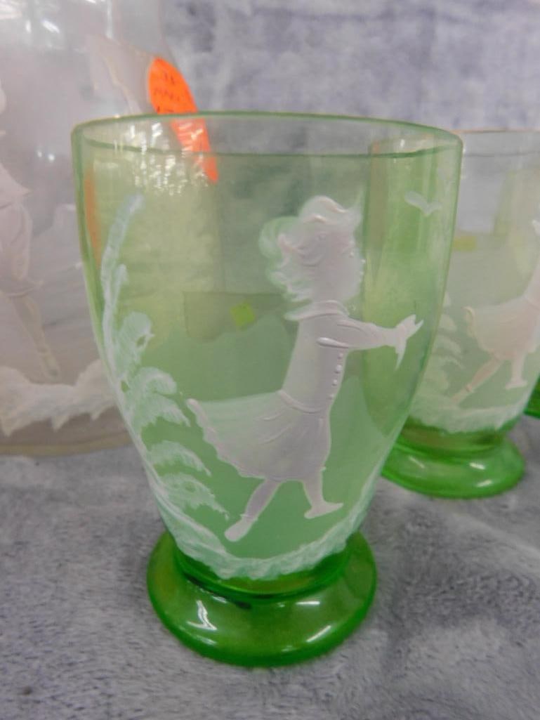 Vintage Mary Gregory Pitcher with 6 Glasses - Glasses Are Uranium / Vaseline Glass - 9
