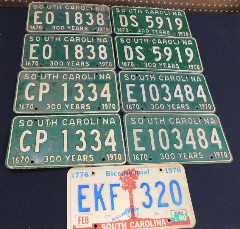 Group of 9 South Carolina License Plates - 4 Pairs of 1970 Plates - 1 1976 Plate (1 of 8)