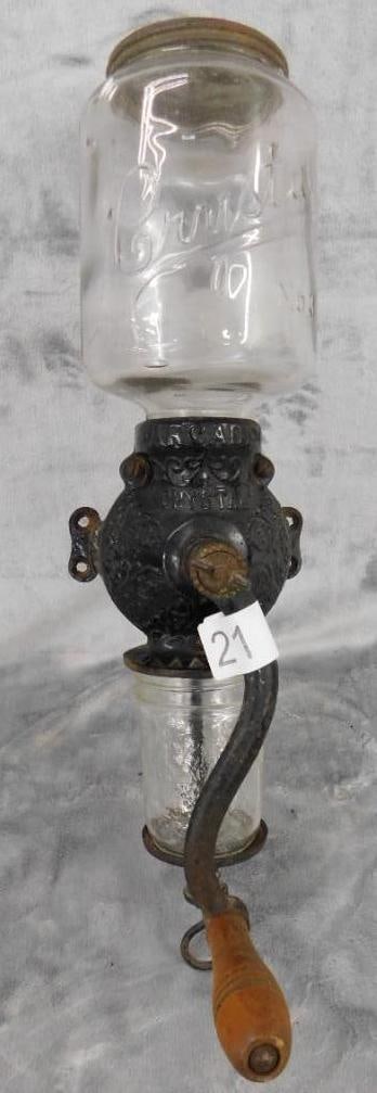 Vintage Cast Iron "Crystal Coffee Grinder - Top Glass Cracked - 18.5" x 9" x 4.5" (1 of 9)