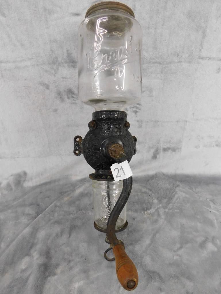 Vintage Cast Iron "Crystal Coffee Grinder - Top Glass Cracked - 18.5" x 9" x 4.5" - 8