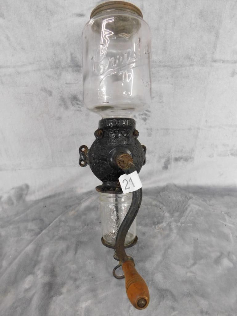 Vintage Cast Iron "Crystal Coffee Grinder - Top Glass Cracked - 18.5" x 9" x 4.5" - 9