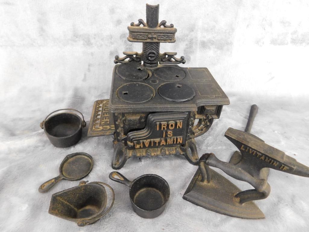 Cast Metal Miniature Stove With Various Cast Iron Mini Tools and Pans - 10
