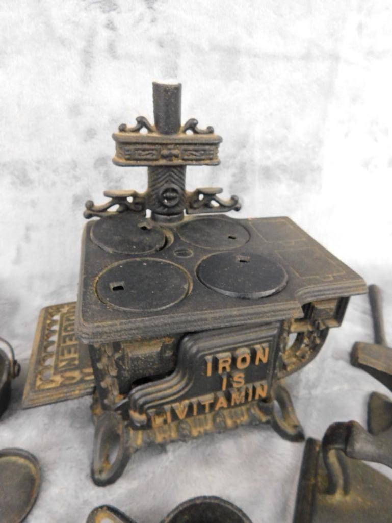 Cast Metal Miniature Stove With Various Cast Iron Mini Tools and Pans - 2
