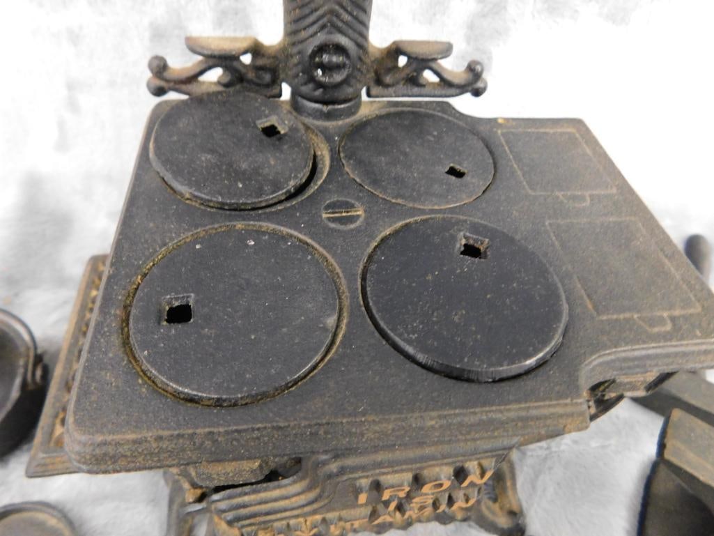 Cast Metal Miniature Stove With Various Cast Iron Mini Tools and Pans - 4